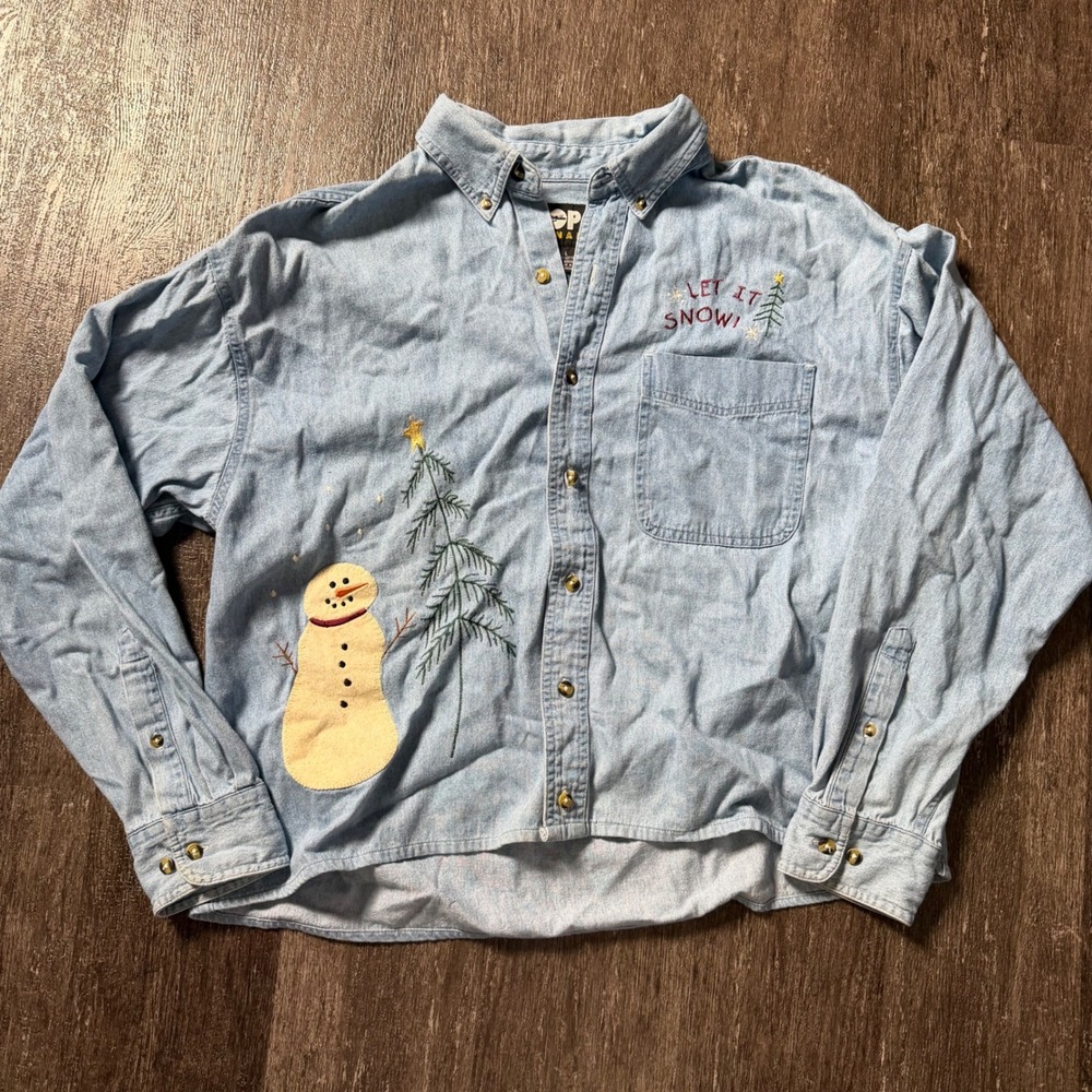 Copa Banana Denim Shirt Womens Large Light Blue Snowman Christmas Let It Snow